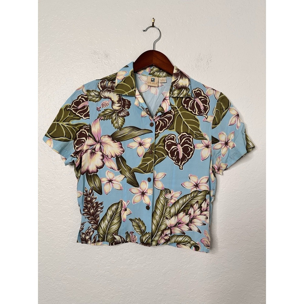 Kahala Women's Aloha Hawaiian Floral Cropped Shirt Blue Flowers Leaves